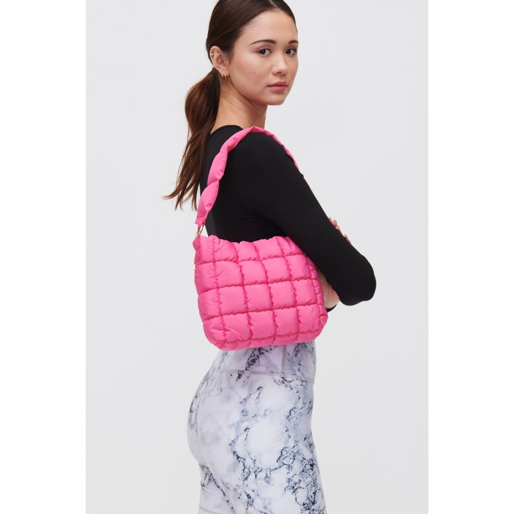 Woman wearing Magenta Urban Expressions Wylie - Quilted Nylon Hobo 840611108173 View 2 | Magenta