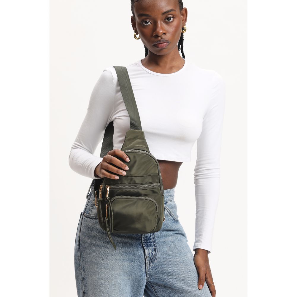 Woman wearing Olive Urban Expressions Sid Sling Backpack 840611120687 View 2 | Olive