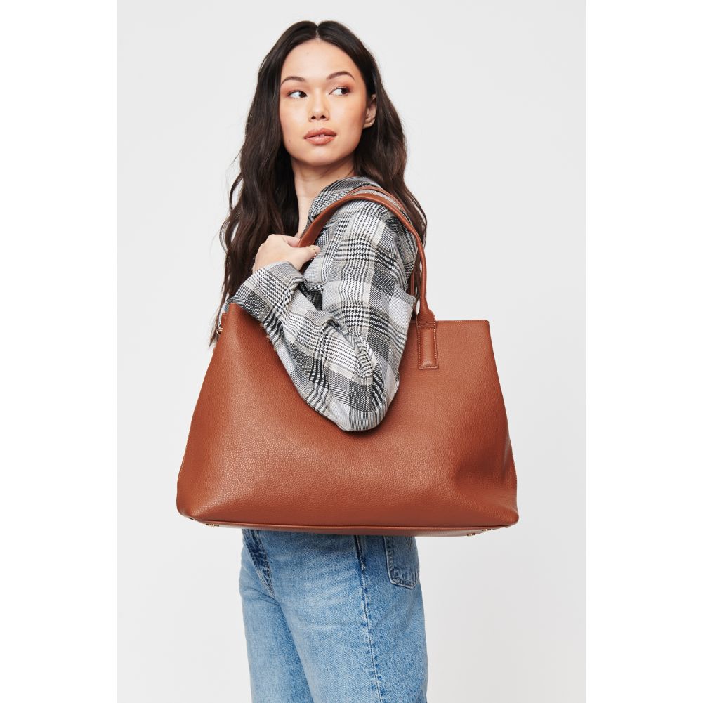 Woman wearing Tan Urban Expressions Bonnie Tote 840611104021 View 3 | Tan