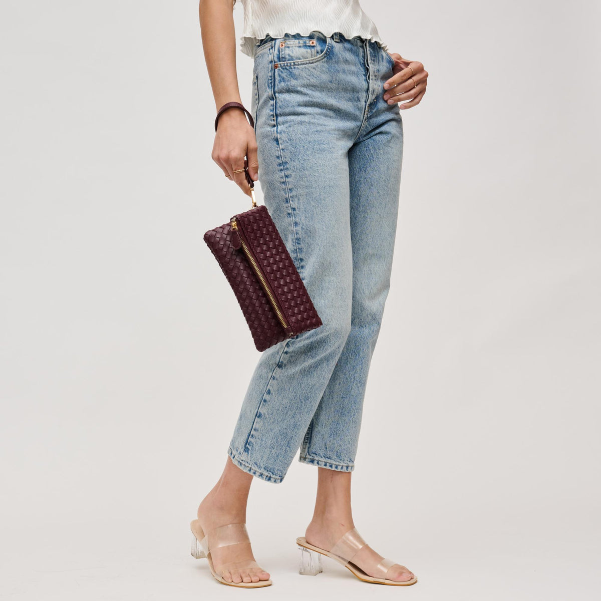 Woman wearing Merlot Urban Expressions Aria Clutch 840611133946 View 3 | Merlot