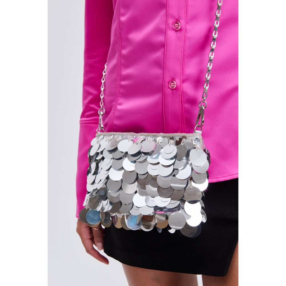 Woman wearing Silver Urban Expressions Gemma Evening Bag 840611113900 View 4 | Silver