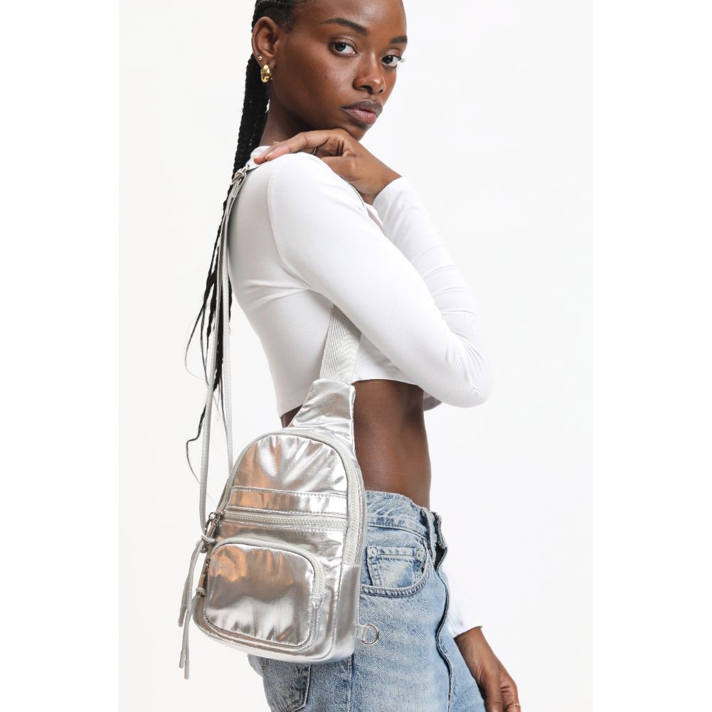 Woman wearing Silver Urban Expressions Sid Sling Backpack 840611120724 View 2 | Silver