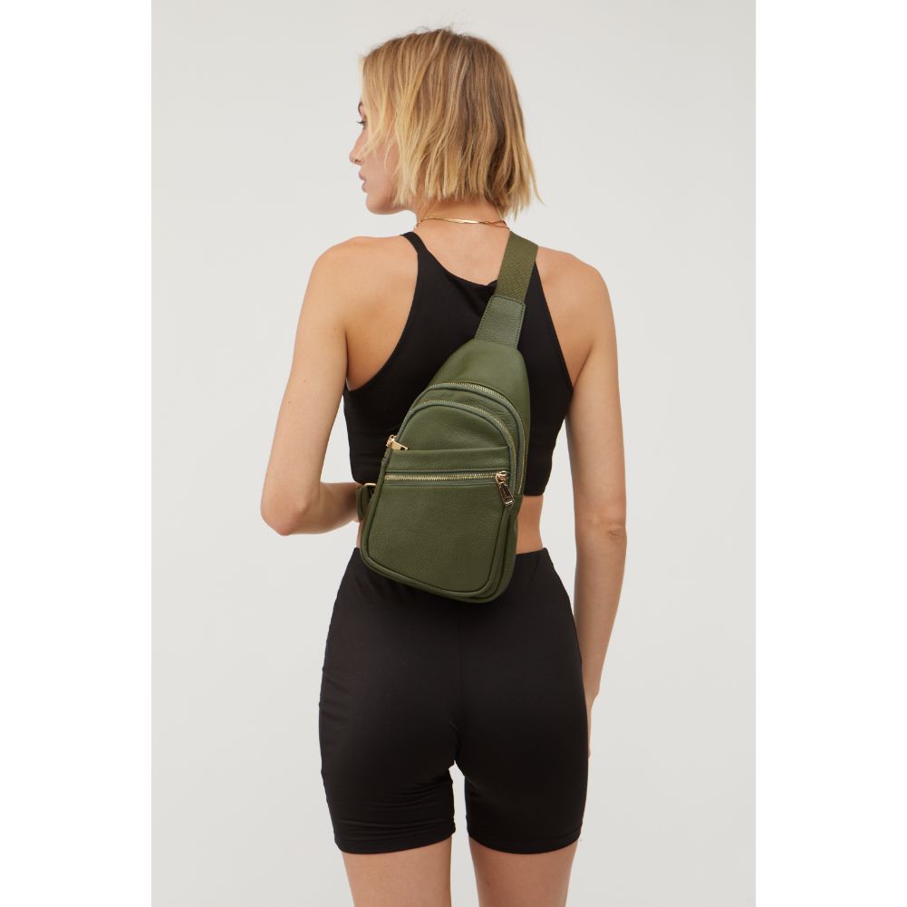 Woman wearing Olive Urban Expressions Zephyr Sling Backpack 840611116246 View 4 | Olive