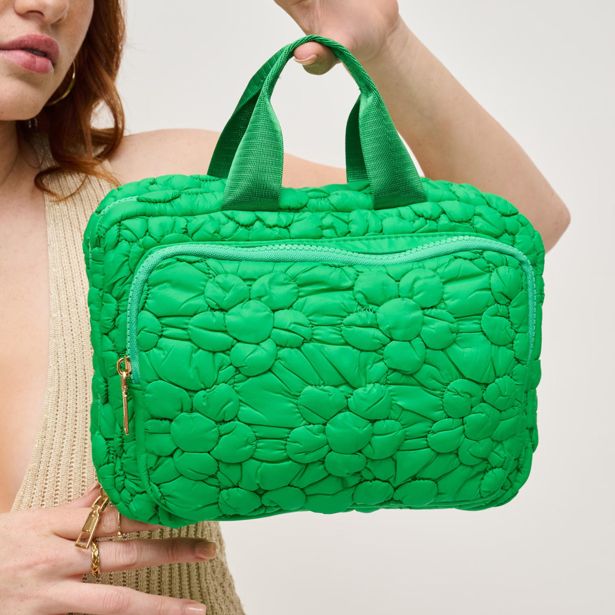 Woman wearing Kelly Green Urban Expressions Petal Plush - Nylon Travel Organizer 840611195142 View 2 | Kelly Green