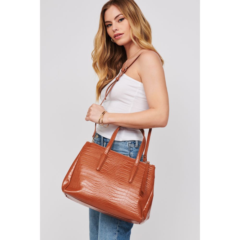 Woman wearing Tan Urban Expressions Nora Satchel 840611167354 View 1 | Tan