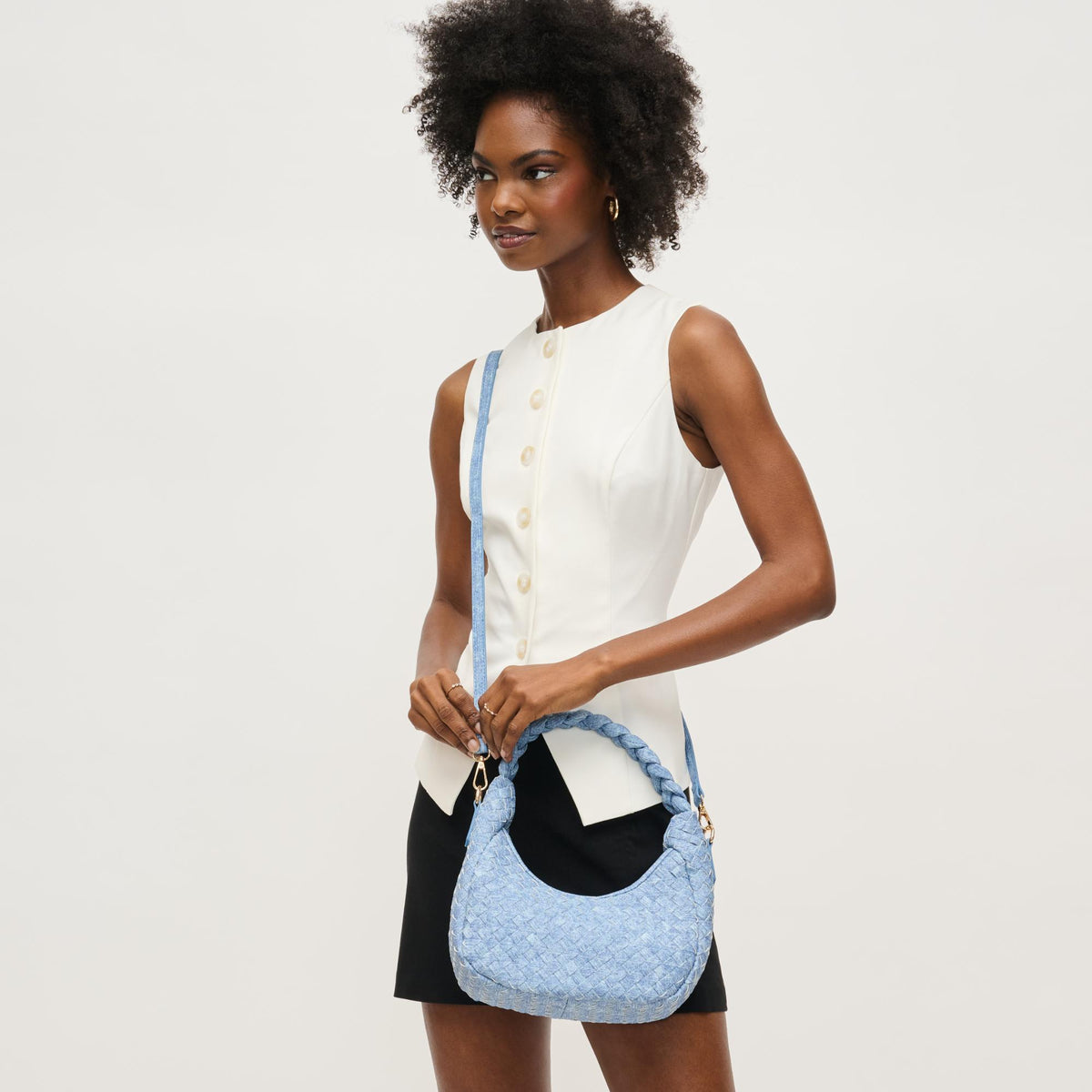 Woman wearing Denim Urban Expressions Laken Crossbody 840611144607 View 1 | Denim