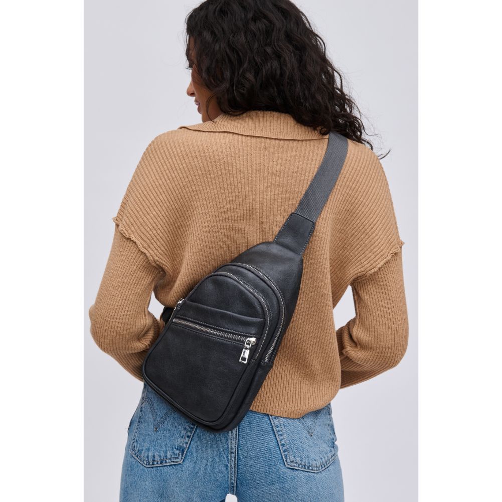 Woman wearing Charcoal Urban Expressions Zephyr Sling Backpack 840611109668 View 1 | Charcoal