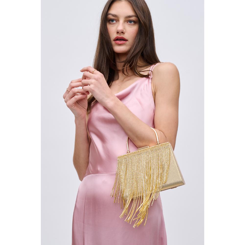 Woman wearing Gold Urban Expressions Wren Evening Bag 840611191380 View 4 | Gold