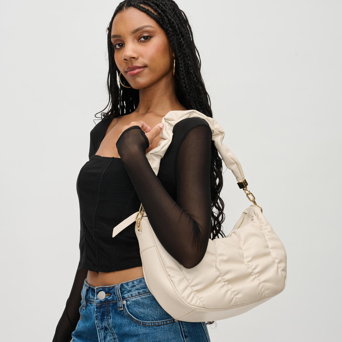 Woman wearing Oatmilk Urban Expressions Whitney Crossbody 840611130587 View 2 | Oatmilk