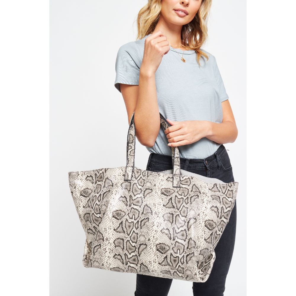 Woman wearing Black White Urban Expressions Mylah Tote 840611176448 View 1 | Black White