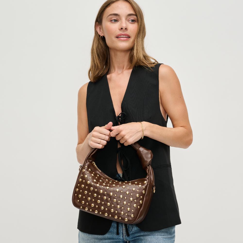 Woman wearing Espresso Urban Expressions Lennox Crossbody 840611194176 View 1 | Espresso