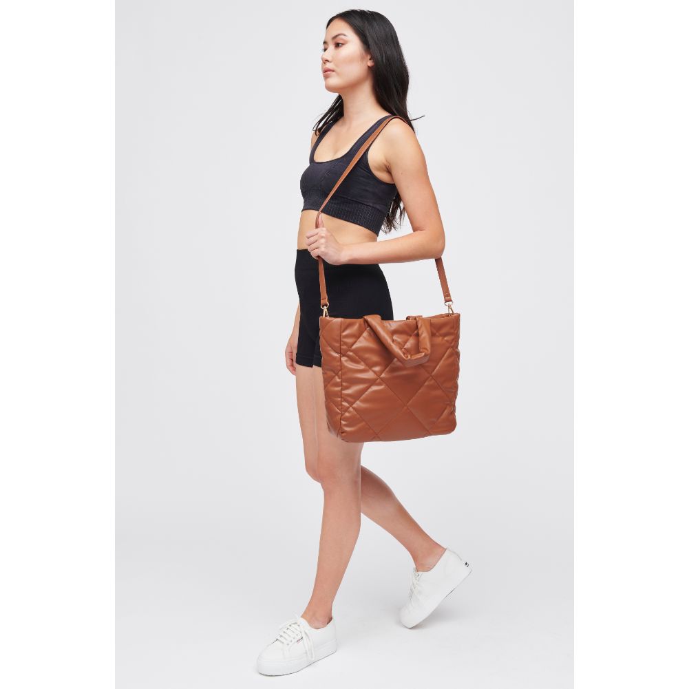 Woman wearing Tan Urban Expressions Evangeline Tote 818209010184 View 3 | Tan