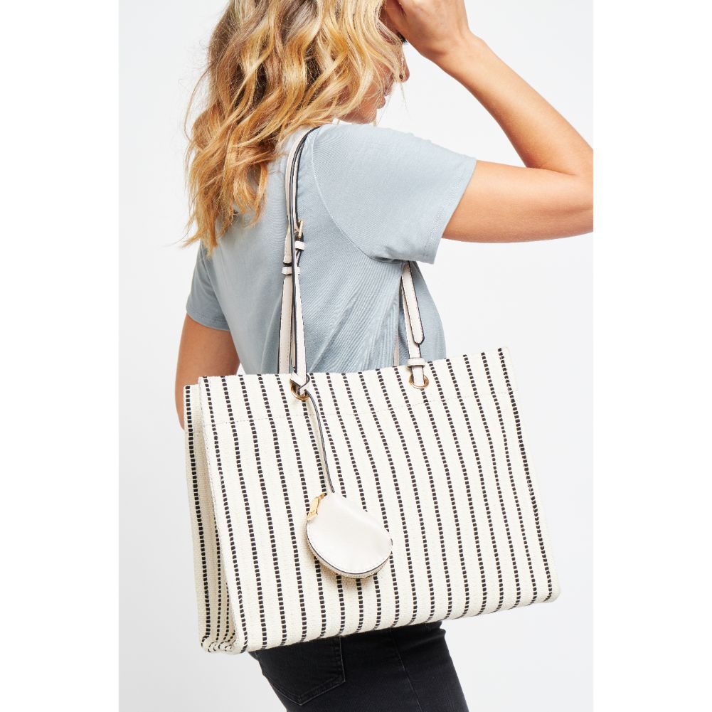 Woman wearing White Black Urban Expressions Santa Barbara Tote 840611181558 View 1 | White Black