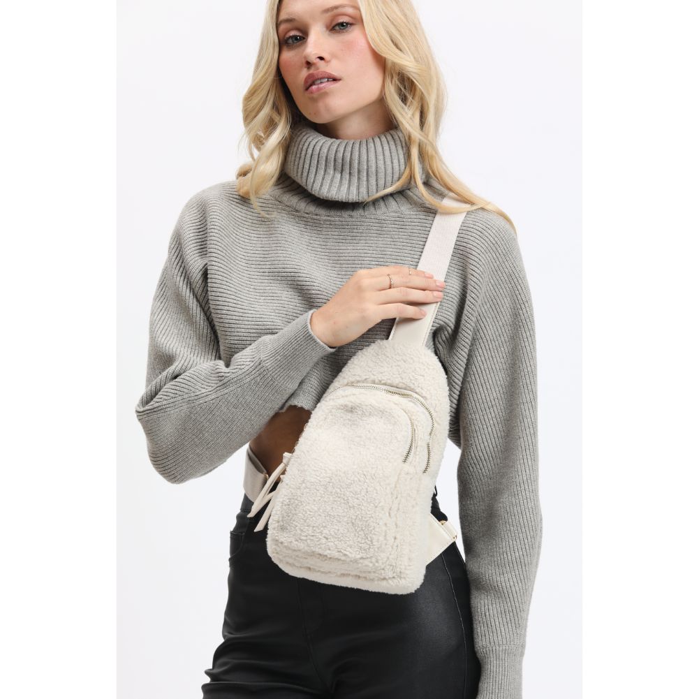 Woman wearing Ivory Urban Expressions Ace - Sherpa Sling Backpack 840611120519 View 1 | Ivory