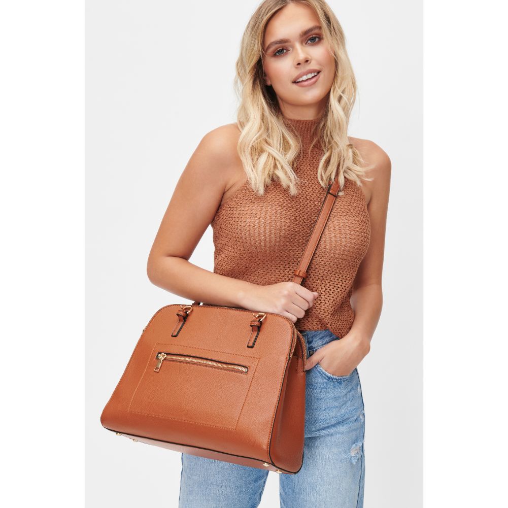 Woman wearing Tan Urban Expressions Laken Satchel 840611101389 View 2 | Tan