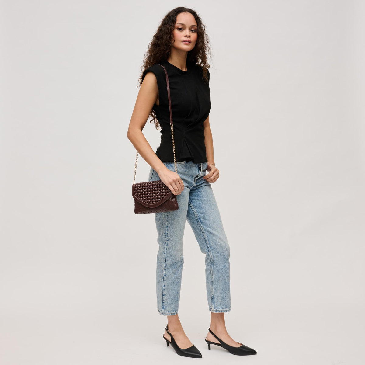 Woman wearing Espresso Urban Expressions Emma Crossbody 840611126368 View 3 | Espresso