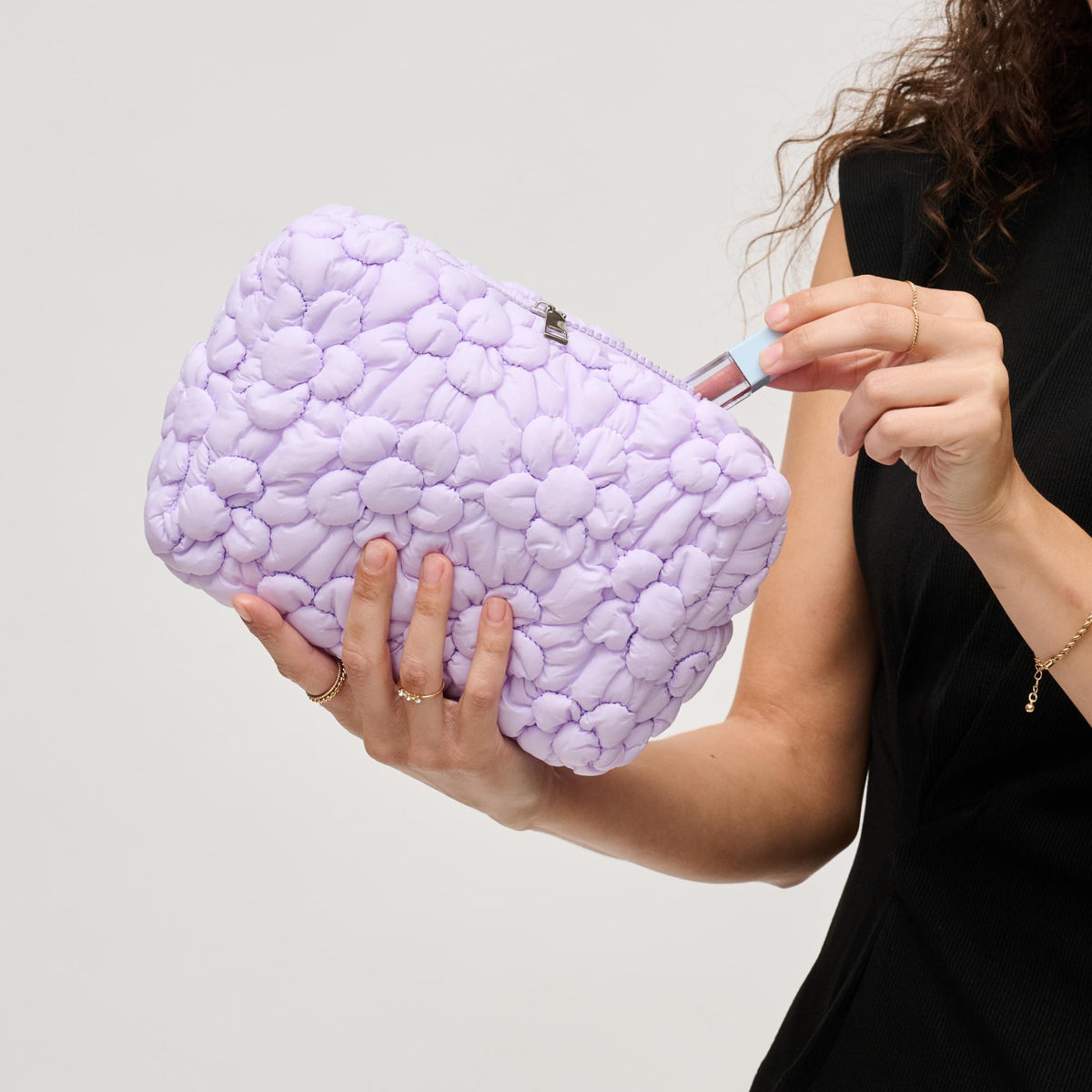 Woman wearing Lilac Urban Expressions Flora Pop - Nylon Cosmetic Pouch 840611144218 View 2 | Lilac