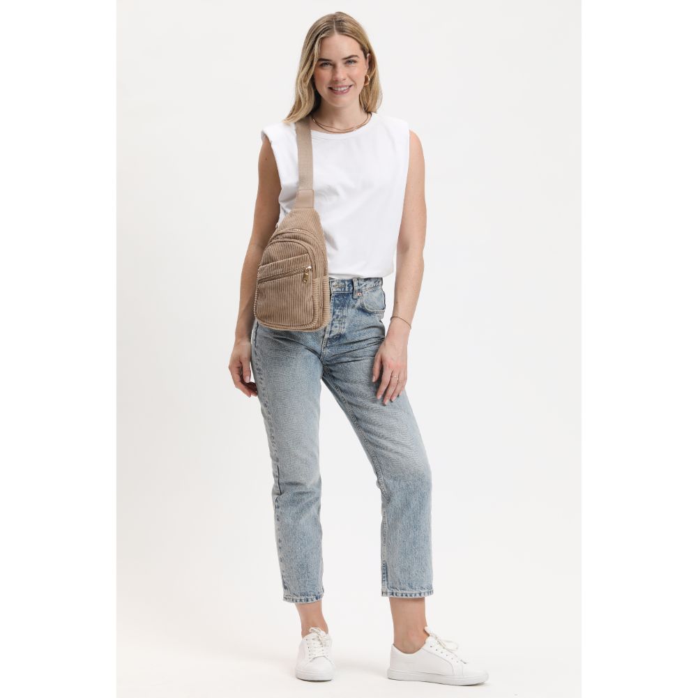 Woman wearing Natural Urban Expressions Zephyr - Corduroy Sling Backpack 840611116536 View 4 | Natural