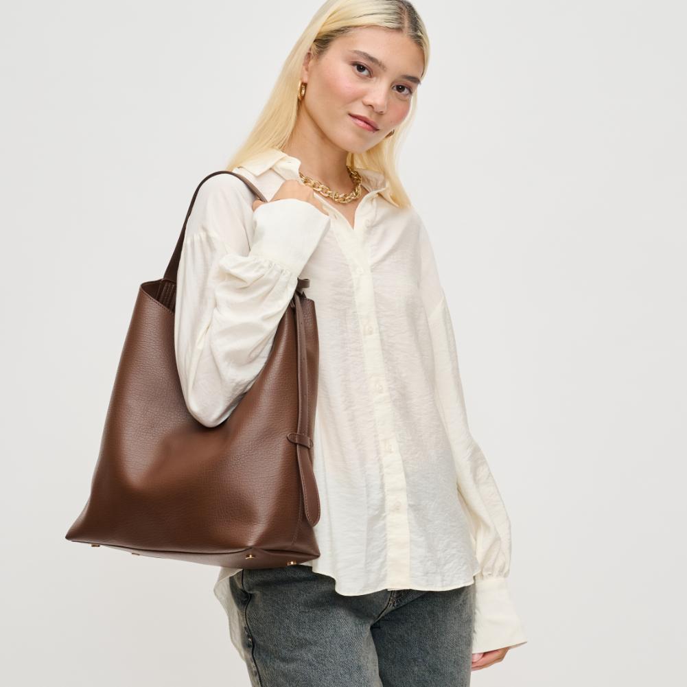 Woman wearing Chocolate Urban Expressions Zelda Hobo 840611139191 View 2 | Chocolate