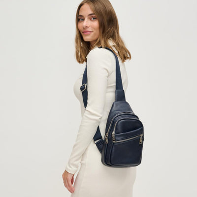 Woman wearing Midnight Urban Expressions Zephyr Sling Backpack 840611193292 View 1 | Midnight