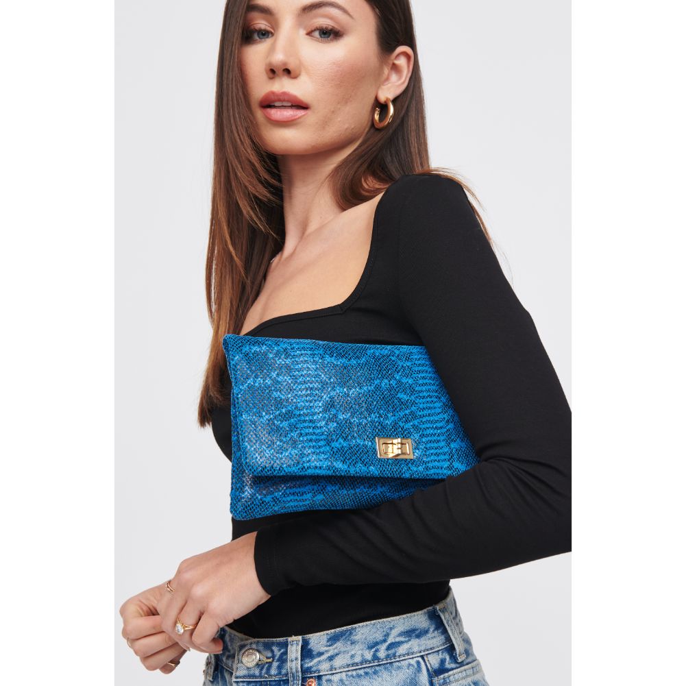 Woman wearing Blue Urban Expressions Rykard - Snake Clutch 818209016209 View 4 | Blue