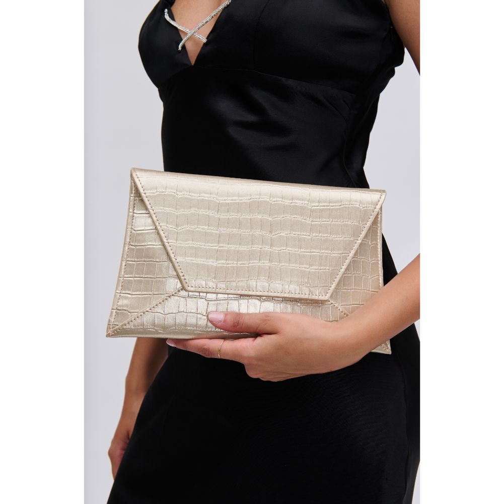 Woman wearing Gold Urban Expressions Cora - Croco Clutch 840611109736 View 4 | Gold