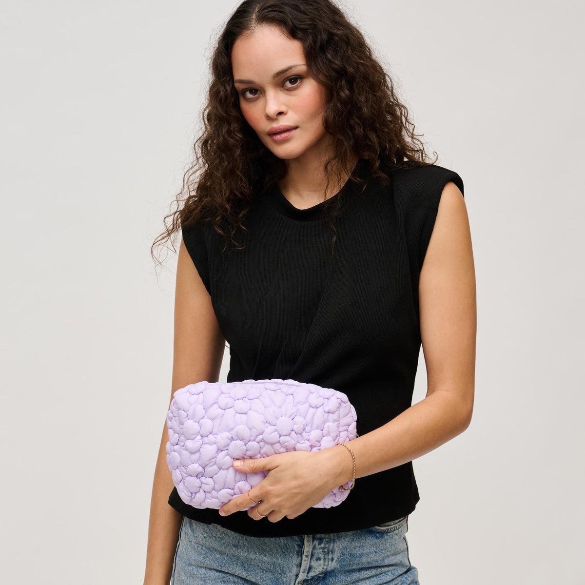 Woman wearing Lilac Urban Expressions Flora Pop - Nylon Cosmetic Pouch 840611144218 View 1 | Lilac