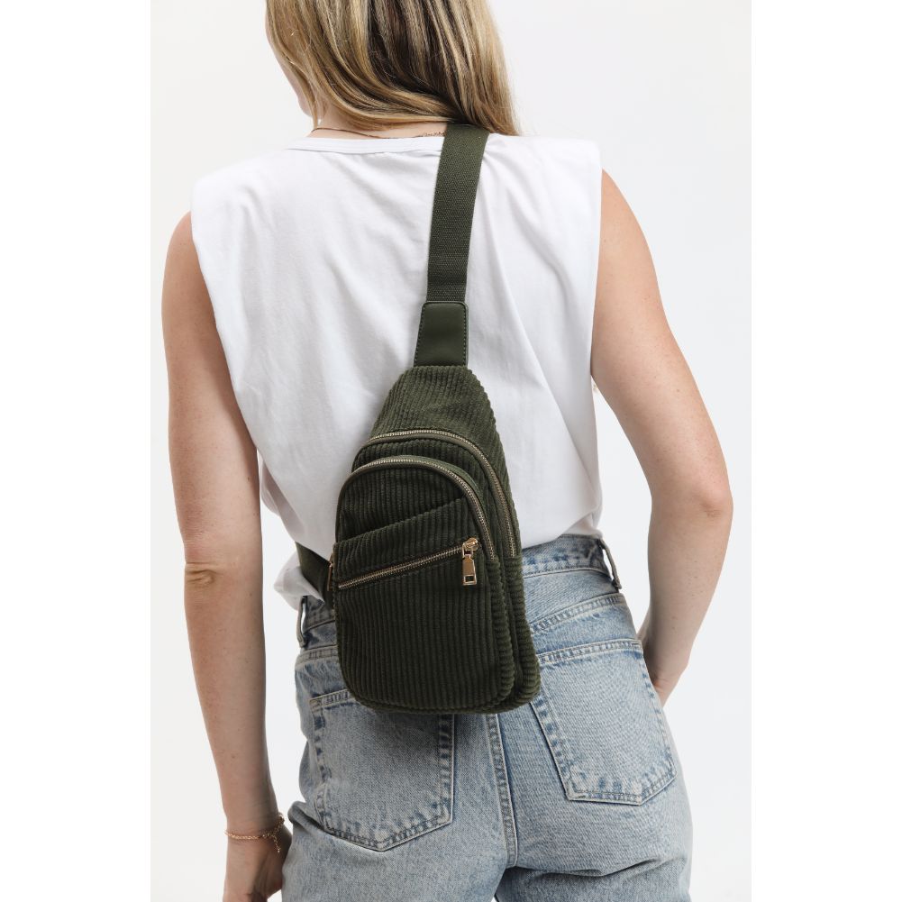 Woman wearing Olive Urban Expressions Zephyr - Corduroy Sling Backpack 840611116529 View 2 | Olive