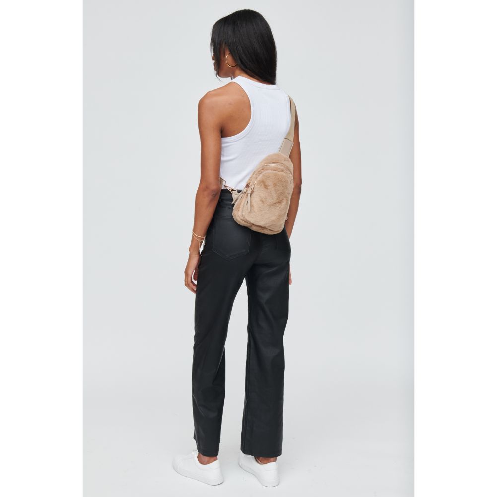 Woman wearing Taupe Urban Expressions Ace Faux Fur Sling Backpack 840611104588 View 3 | Taupe