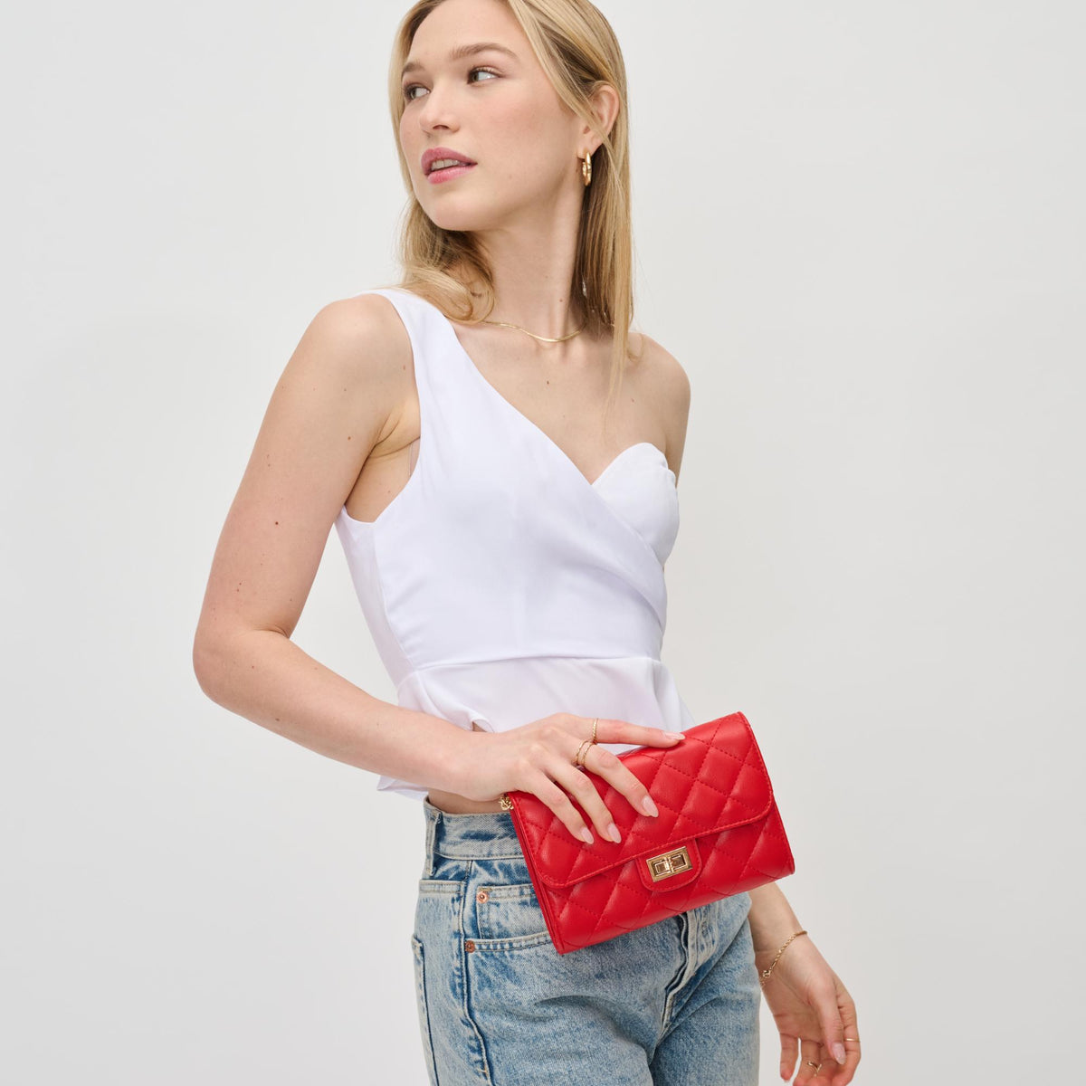 Woman wearing Red Urban Expressions Winona Crossbody 840611131140 View 3 | Red