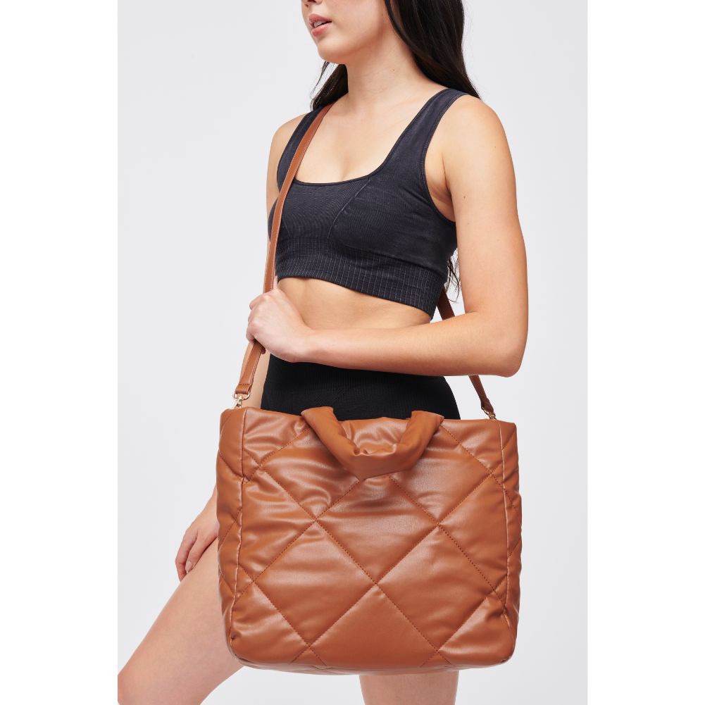 Woman wearing Tan Urban Expressions Evangeline Tote 818209010184 View 2 | Tan