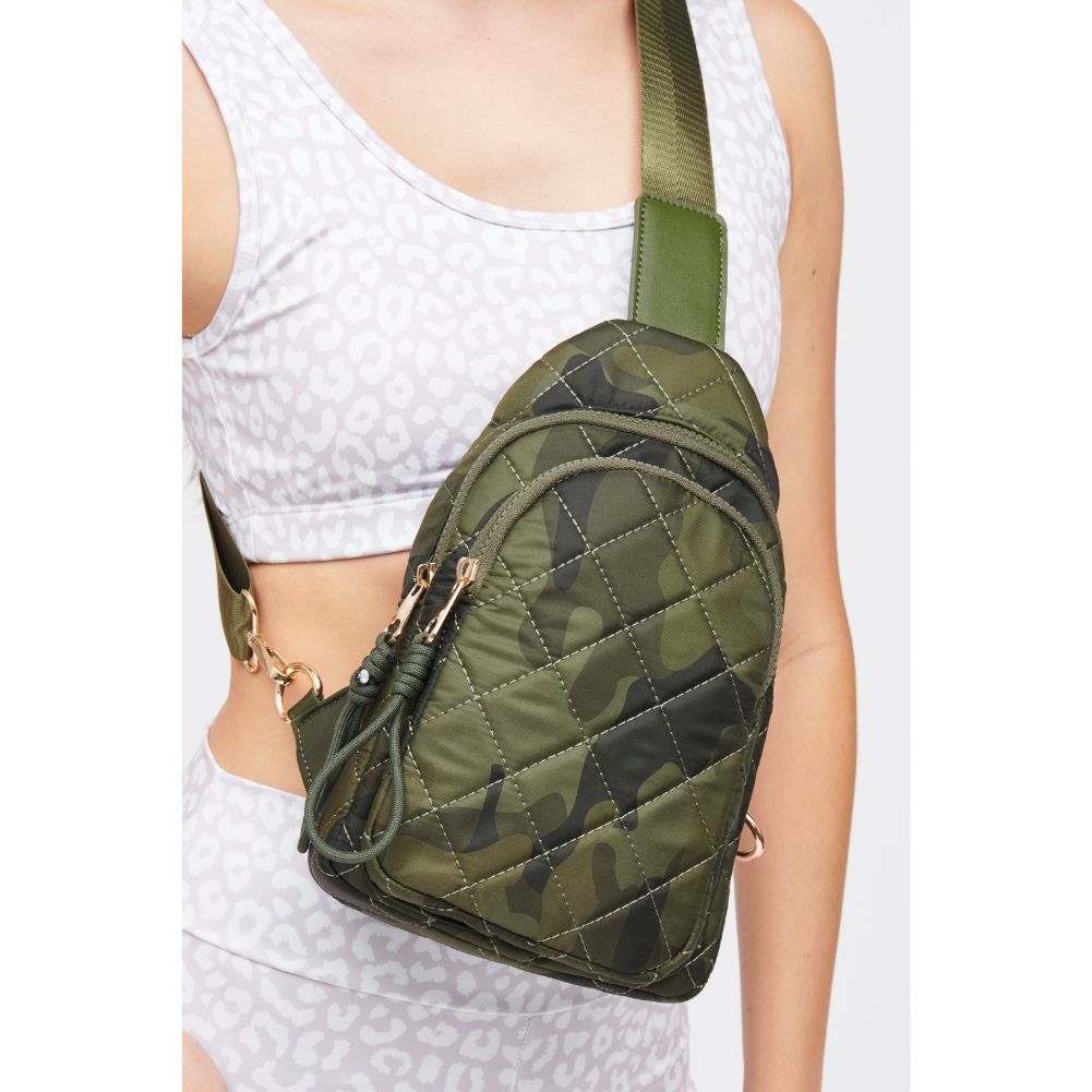 Woman wearing Dark Green Camo Urban Expressions Ace - Quilted Nylon Sling Backpack 840611184207 View 2 | Dark Green Camo