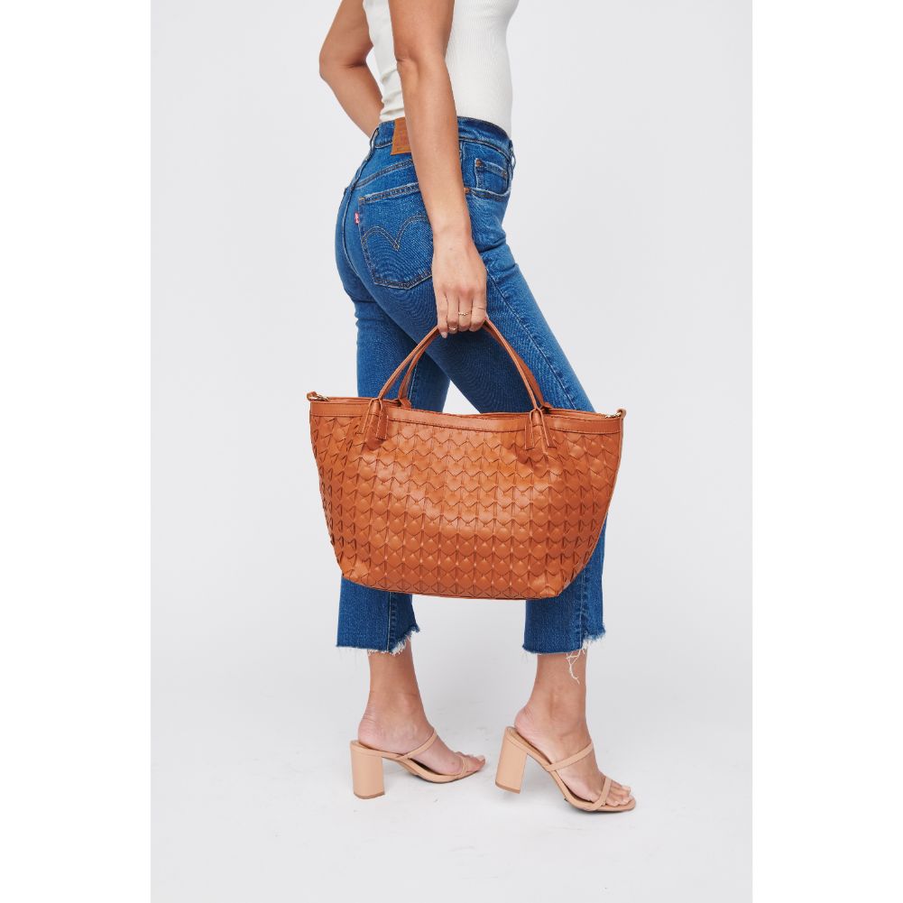 Woman wearing Tan Urban Expressions Ivanna Tote 840611100047 View 4 | Tan