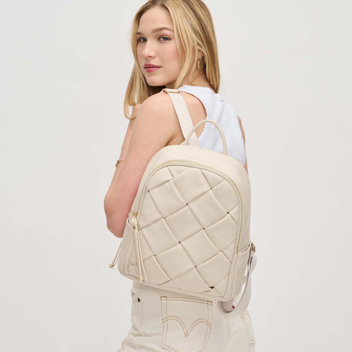 Woman wearing Oatmilk Urban Expressions Blossom Backpack 840611130648 View 2 | Oatmilk