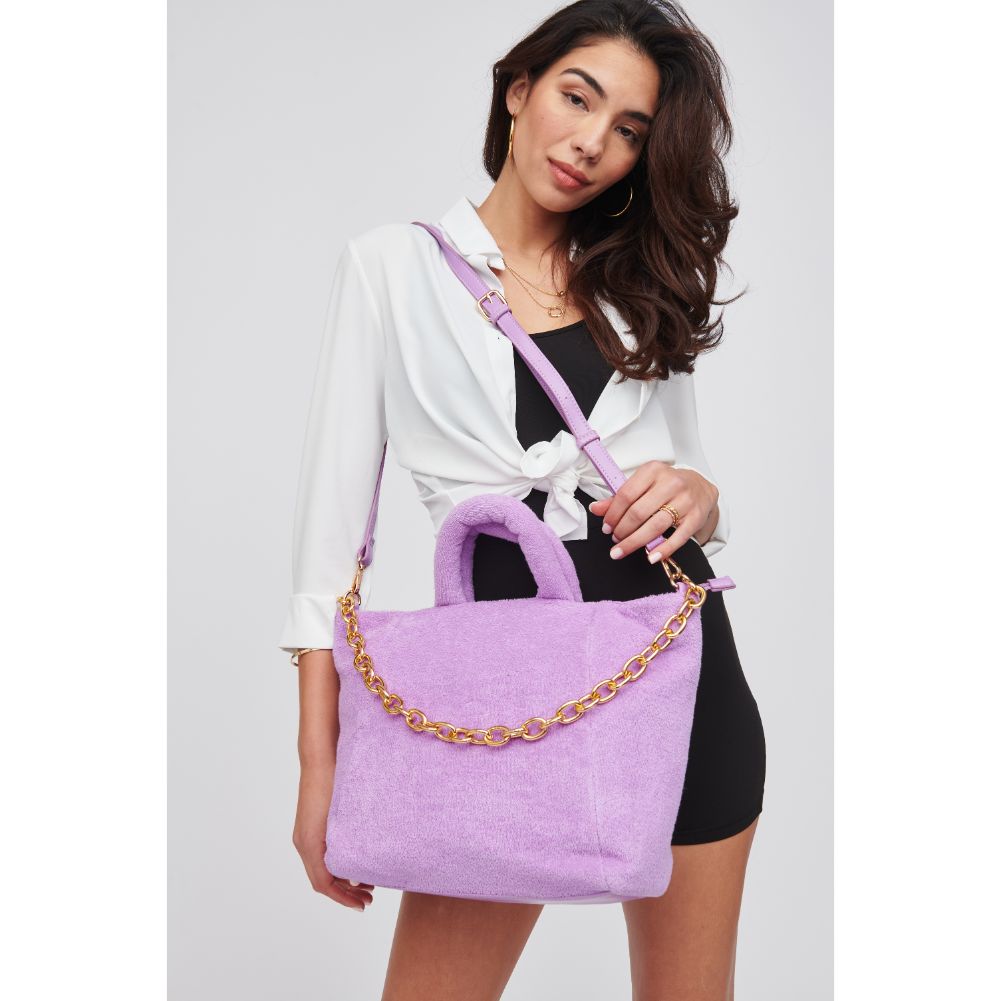 Woman wearing Lavender Urban Expressions Manisha - Terry Cloth Tote 818209019804 View 1 | Lavender