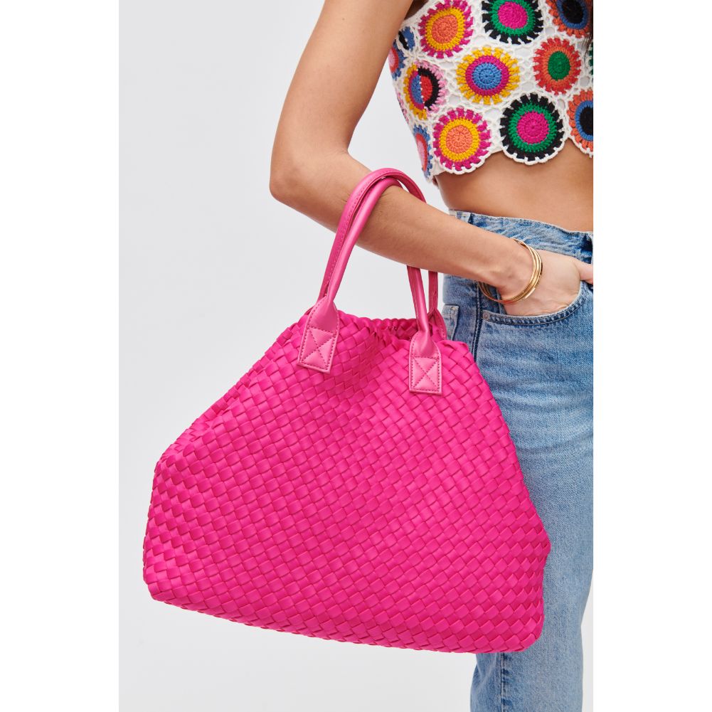 Woman wearing Magenta Urban Expressions Ithaca - Woven Neoprene Tote 840611107879 View 4 | Magenta