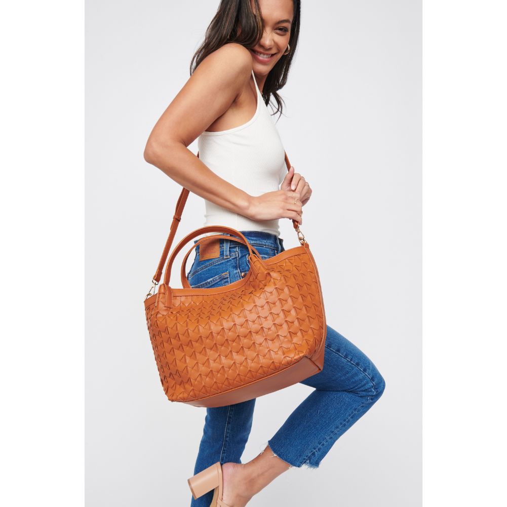 Woman wearing Tan Urban Expressions Ivanna Tote 840611100047 View 2 | Tan