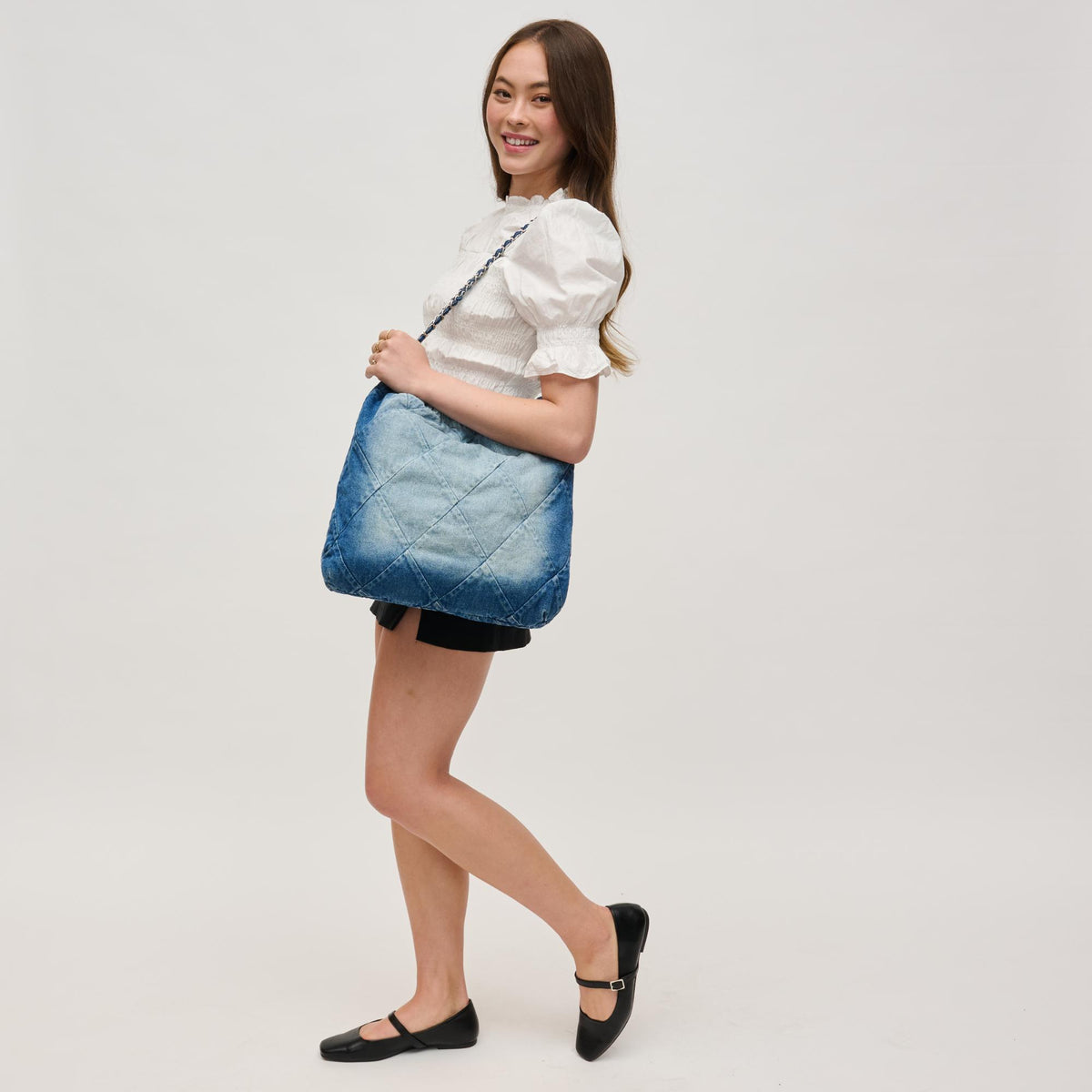 Woman wearing Denim Urban Expressions Maisie Hobo 840611142061 View 3 | Denim