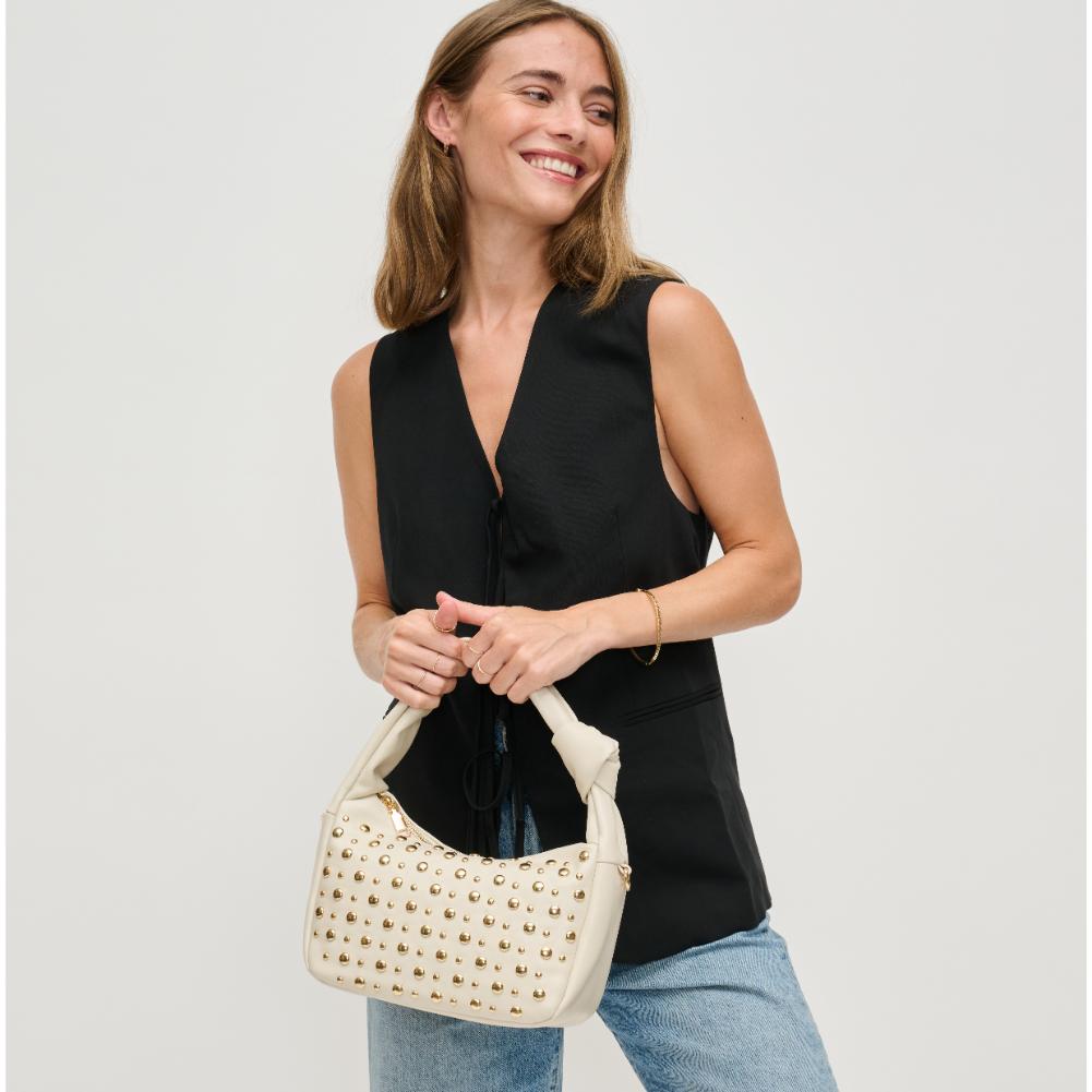 Woman wearing Oatmilk Urban Expressions Lennox Crossbody 840611194206 View 3 | Oatmilk