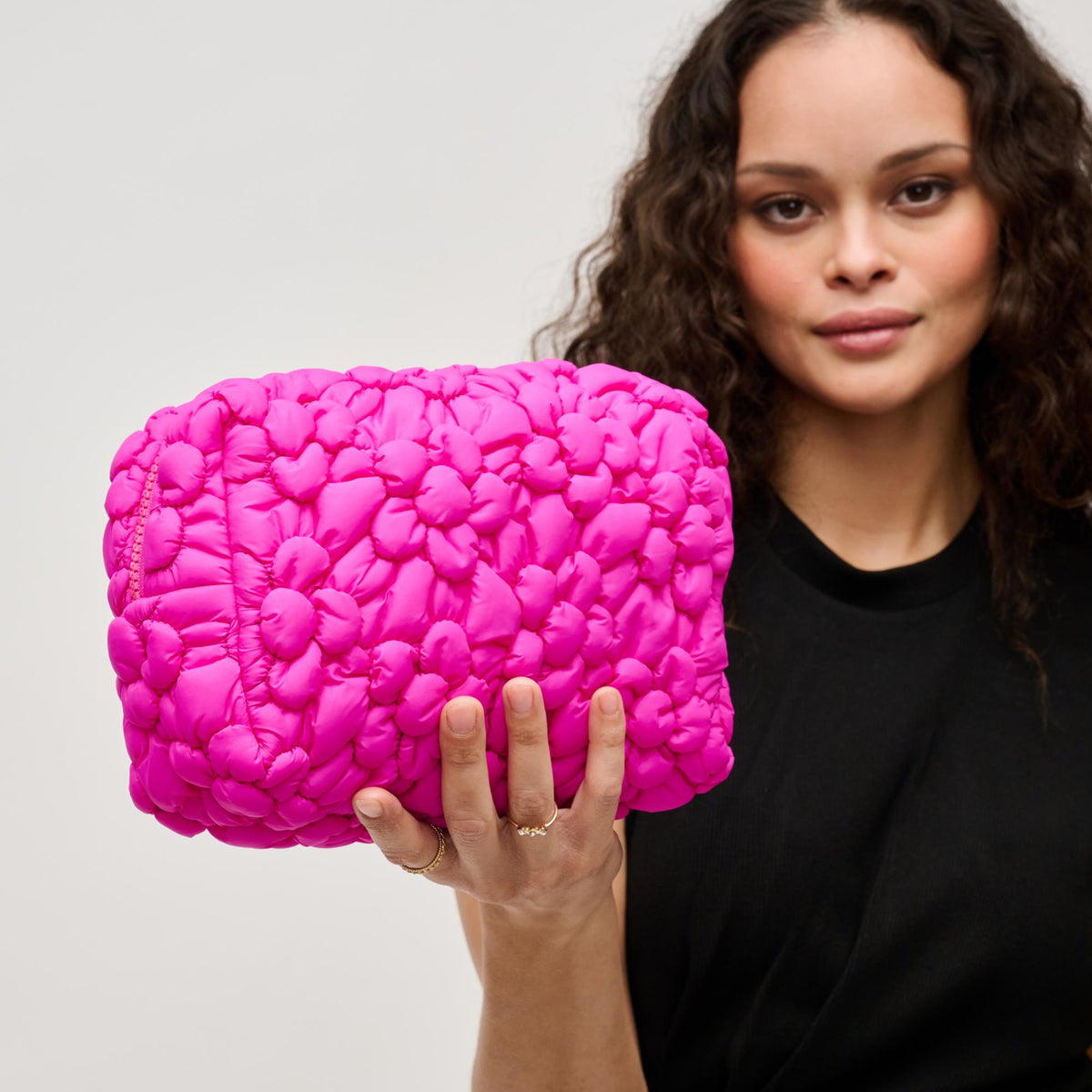 Woman wearing Fuchsia Urban Expressions Flora Pop - Nylon Cosmetic Pouch 840611144195 View 2 | Fuchsia