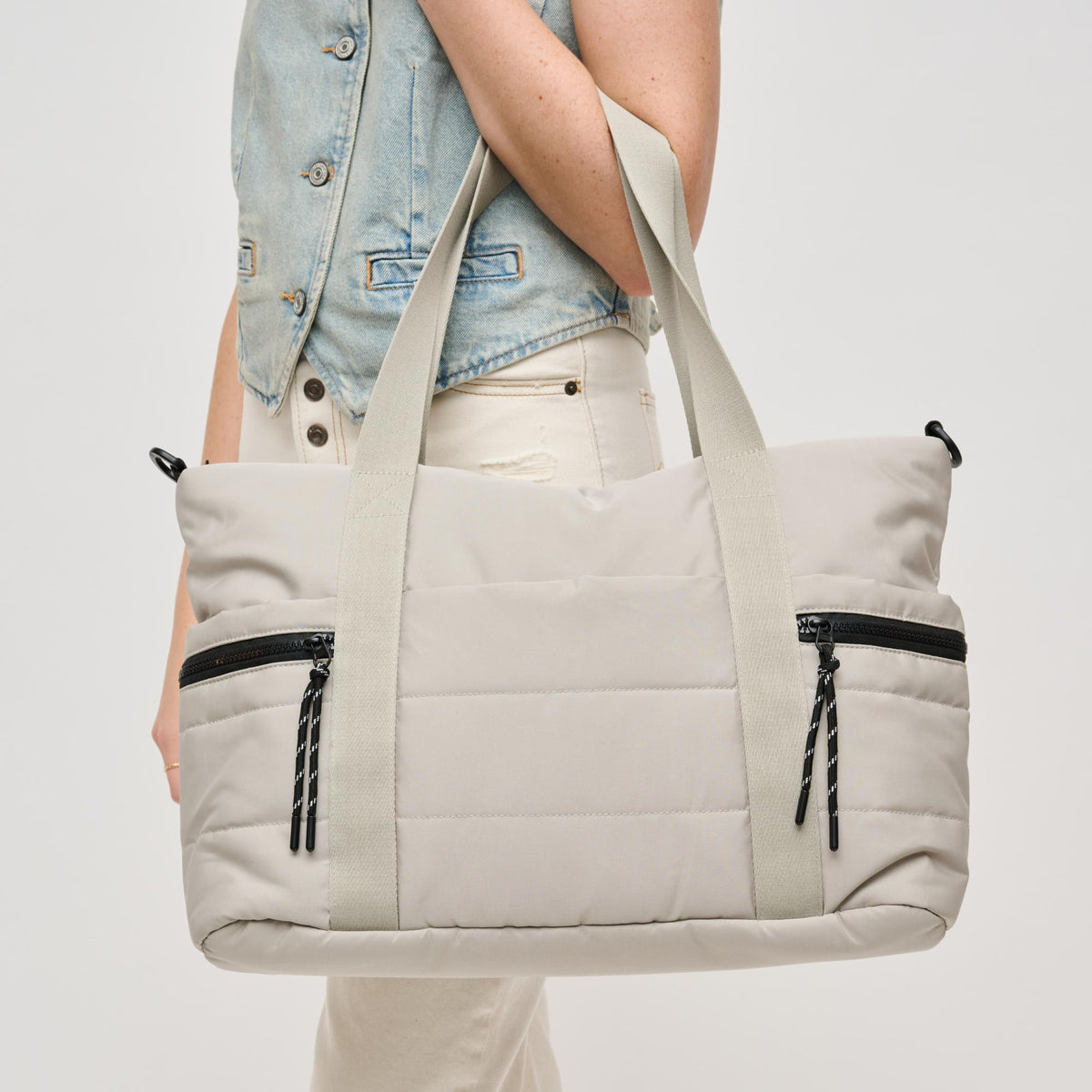 Woman wearing Stone Urban Expressions Jessi Tote 840611140333 View 3 | Stone