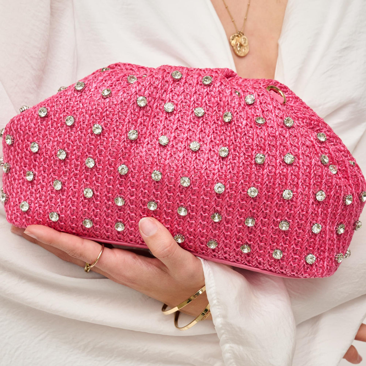 Woman wearing Fuchsia Urban Expressions Mika Clutch 840611146854 View 1 | Fuchsia