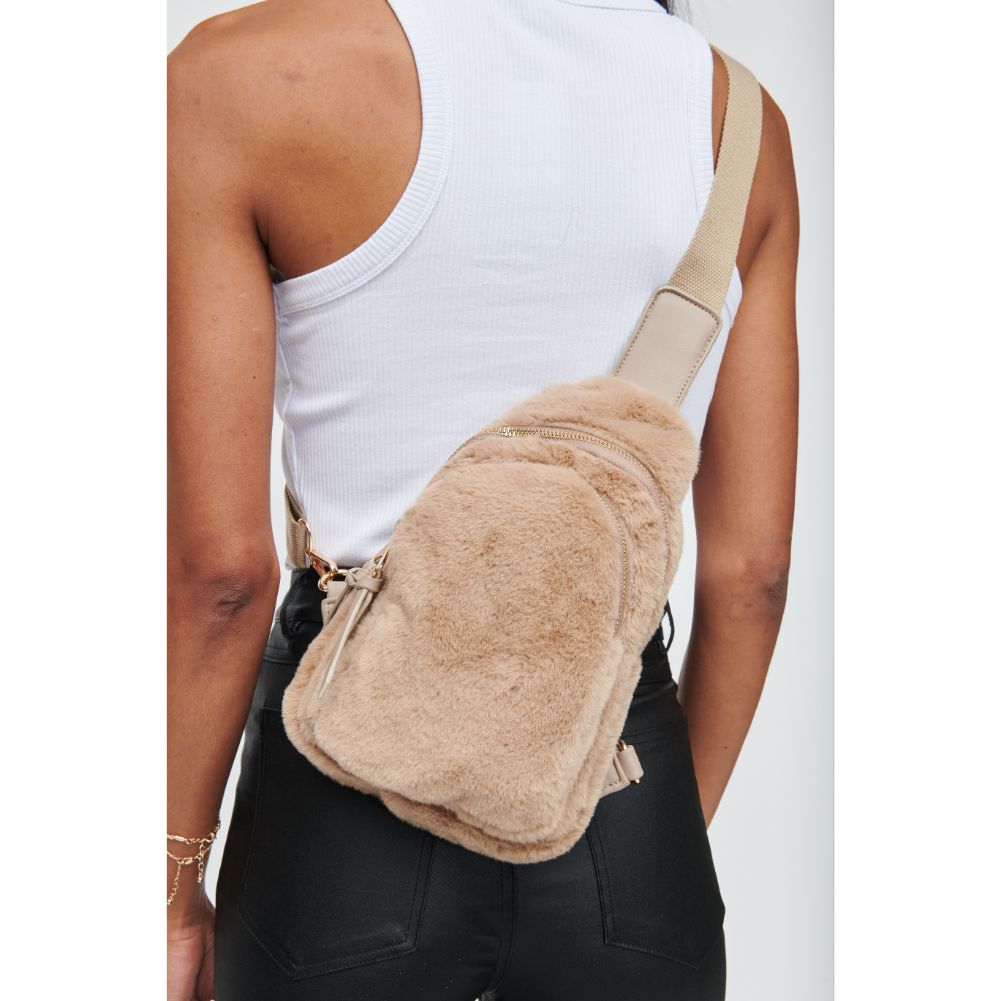 Woman wearing Taupe Urban Expressions Ace Faux Fur Sling Backpack 840611104588 View 4 | Taupe