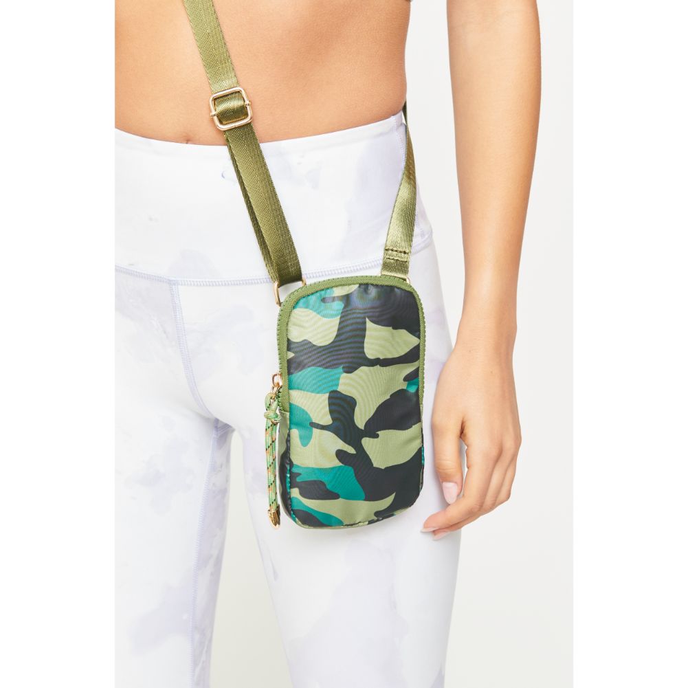 Woman wearing Green Camo Urban Expressions Tess Cell Phone Crossbody 840611177568 View 2 | Green Camo