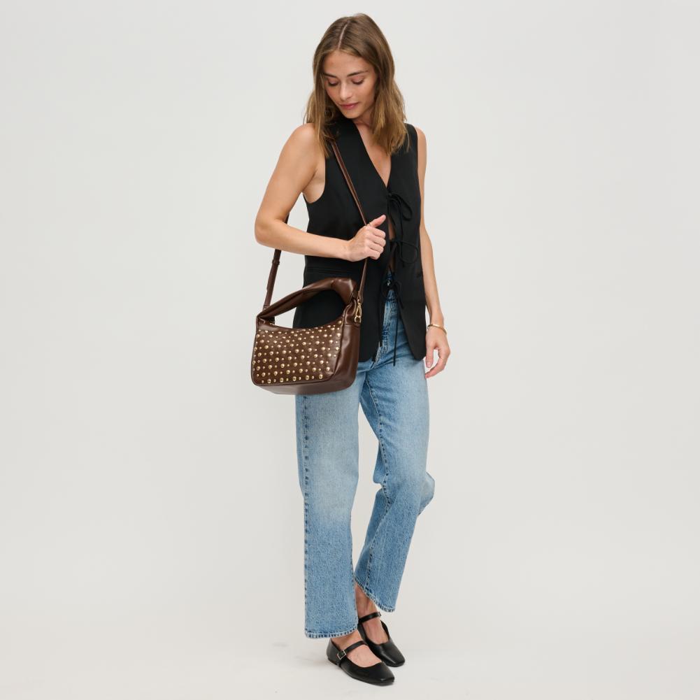 Woman wearing Espresso Urban Expressions Lennox Crossbody 840611194176 View 3 | Espresso