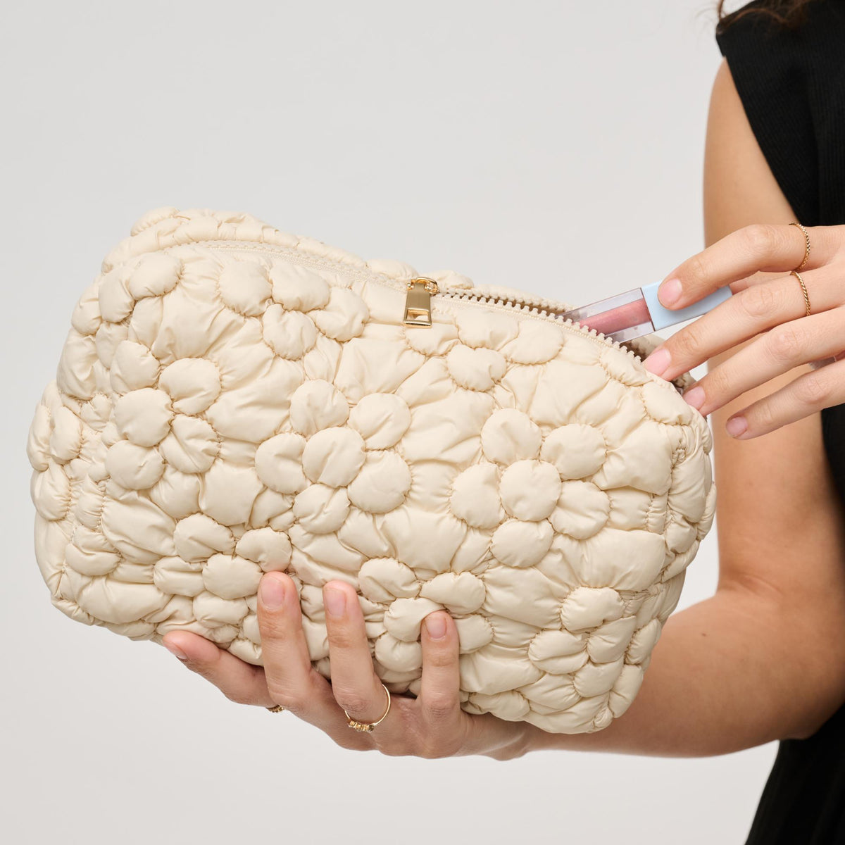 Woman wearing Cream Urban Expressions Flora Pop - Nylon Cosmetic Pouch 840611144188 View 1 | Cream