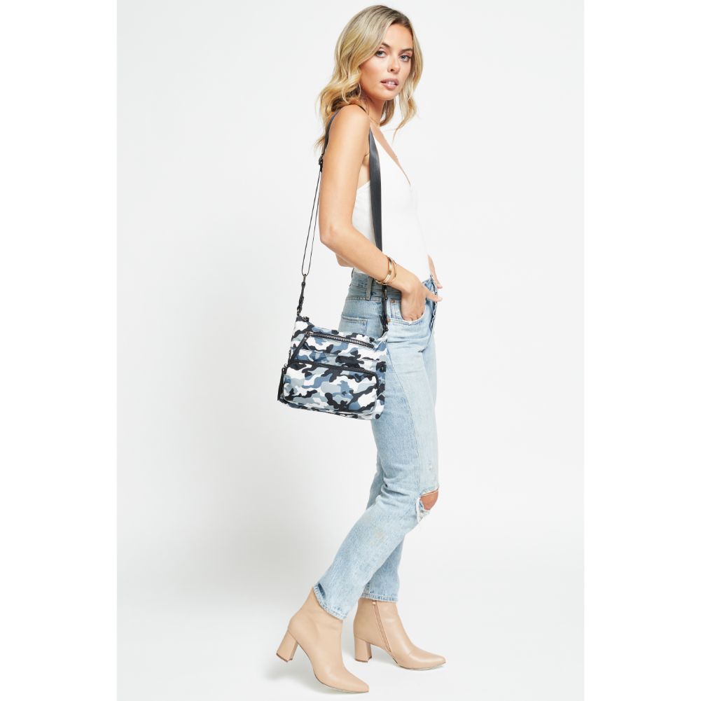 Woman wearing Blue Camo Urban Expressions Julia Crossbody 840611178411 View 2 | Blue Camo