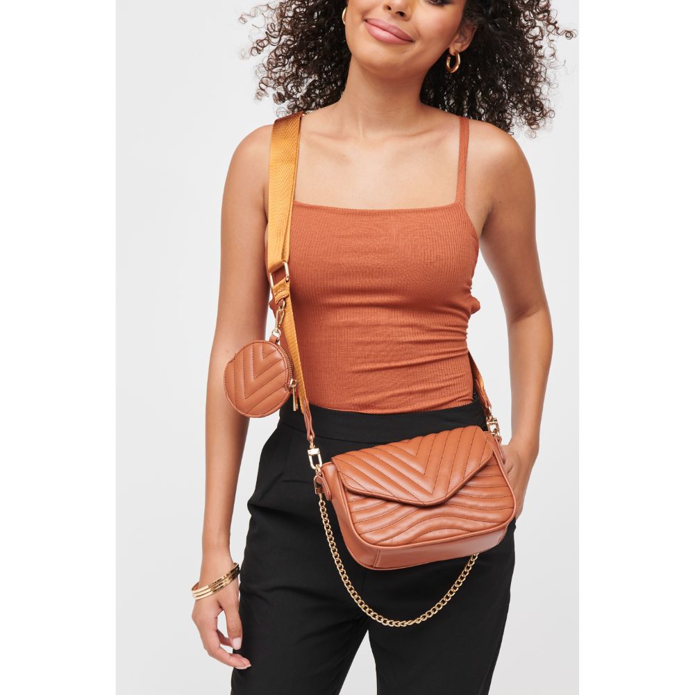 Woman wearing Cognac Urban Expressions Rayne Crossbody 840611183064 View 1 | Cognac