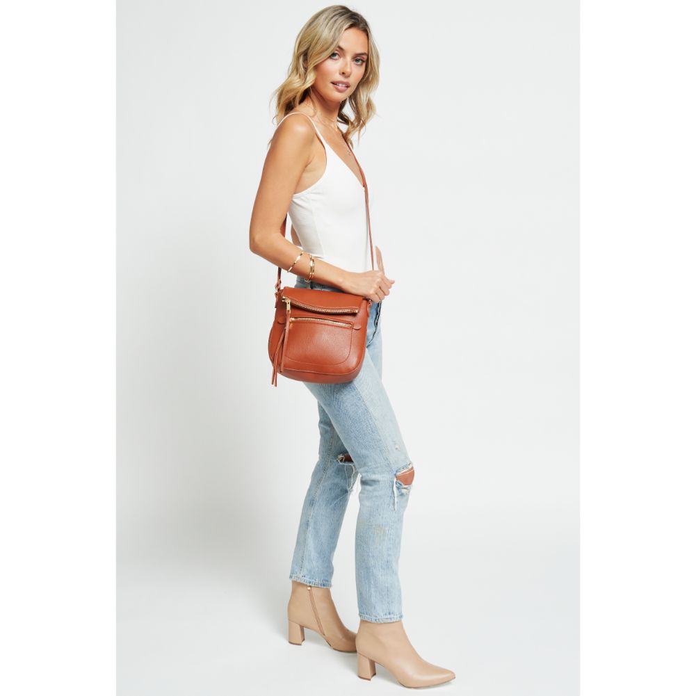 Woman wearing Cognac Urban Expressions Jean Crossbody 840611177193 View 2 | Cognac