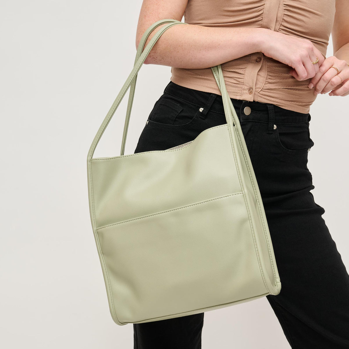 Woman wearing Sage Urban Expressions Hera Tote 840611145215 View 4 | Sage